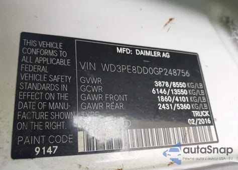 2016 Mercedes-Benz Sprinter 2500 High Roof from USA, damaged, VIN WD3PE8DD0GP248756